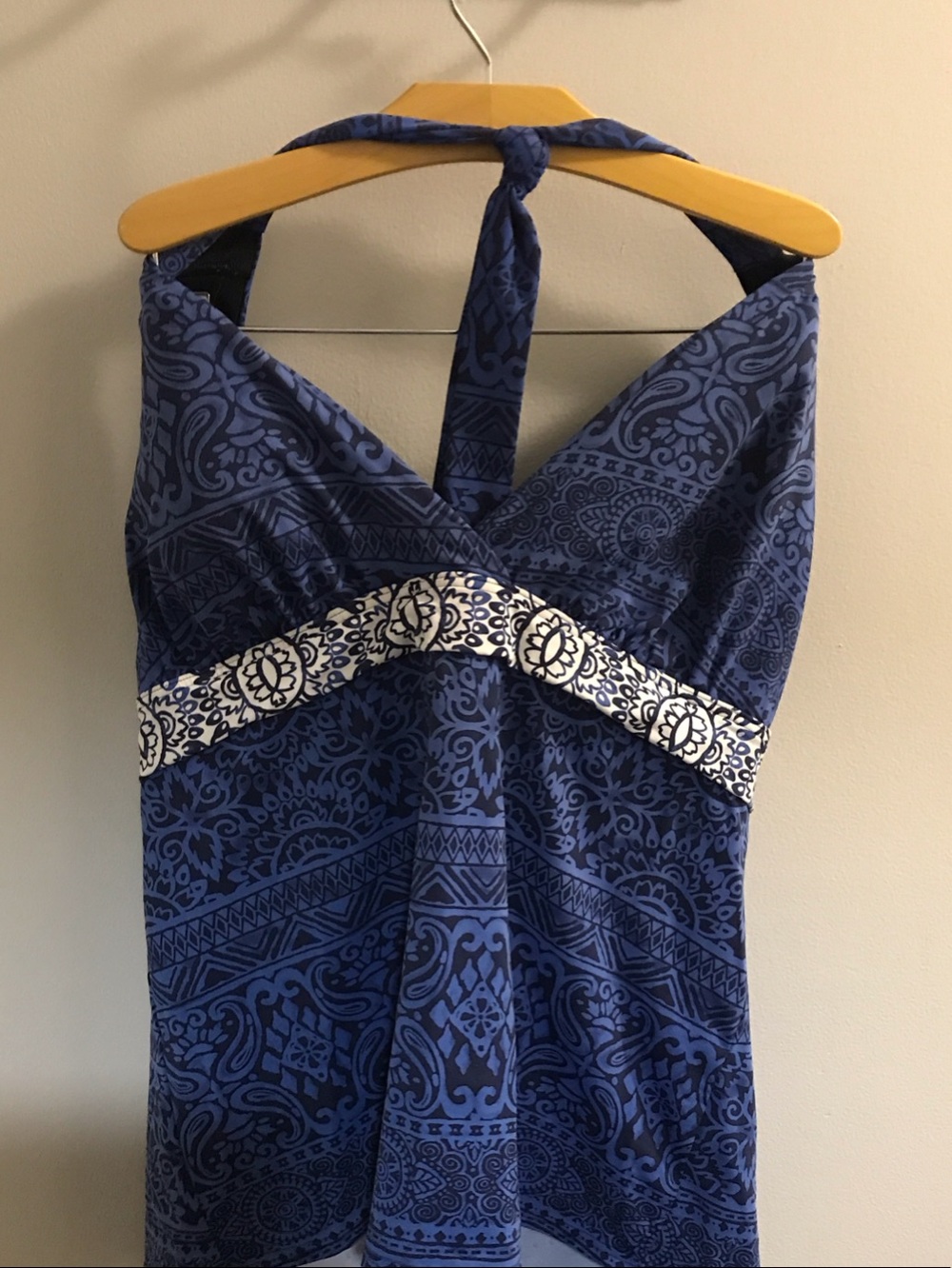 Lands' End Blue Patterned Halter Swim Top with White Trim